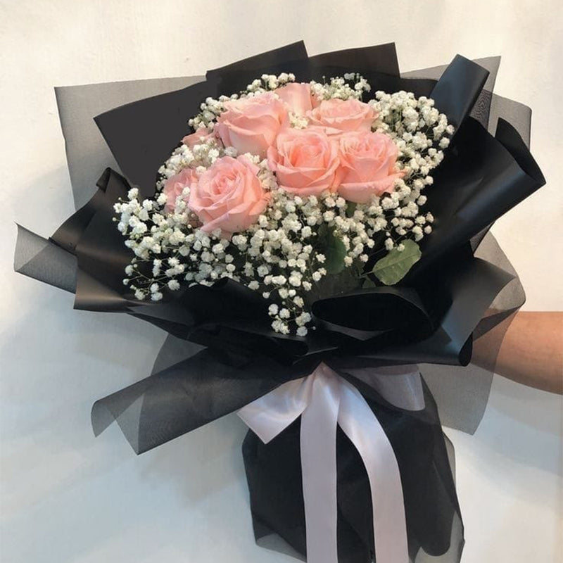 Bouquet with Pink Roses and Gypso