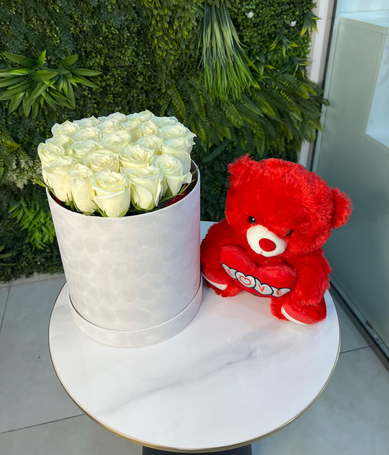 White Roses in white Box with Red Teddy