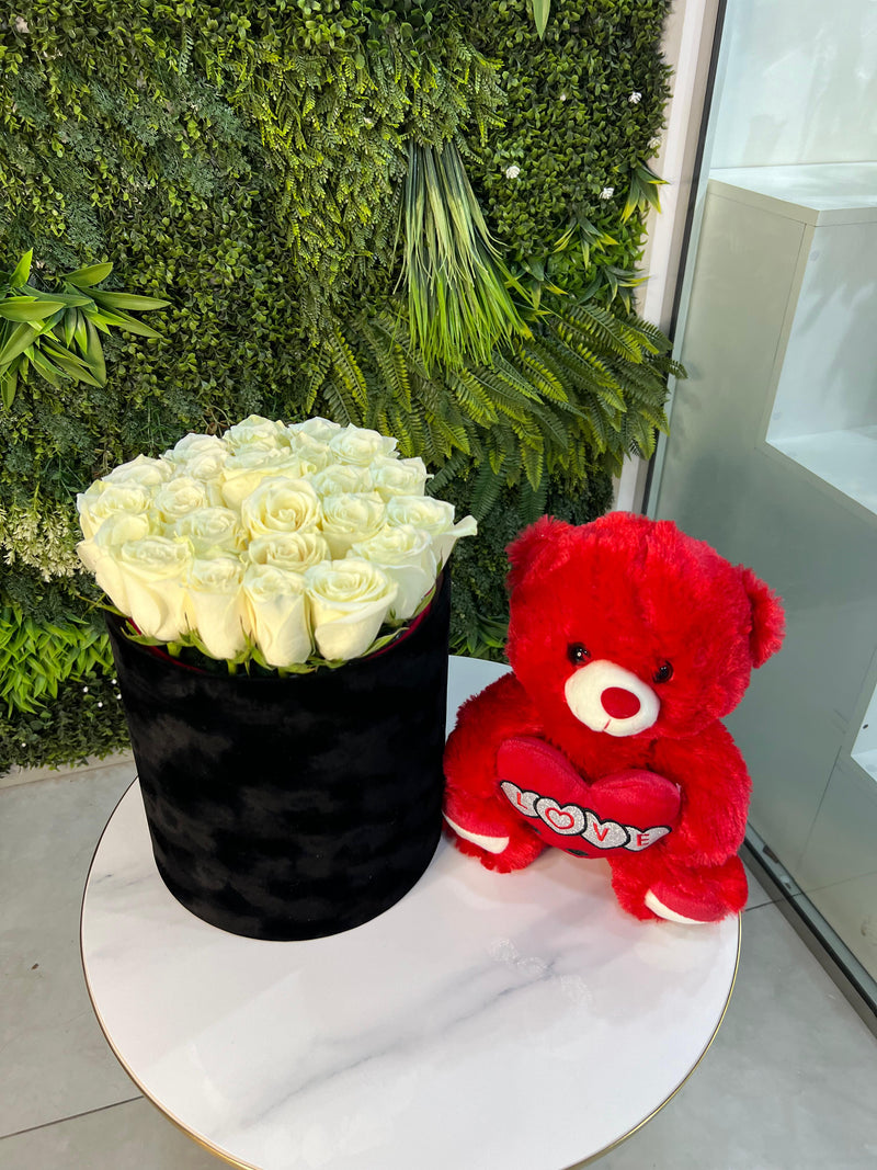 White Roses in Black Box with Teddy